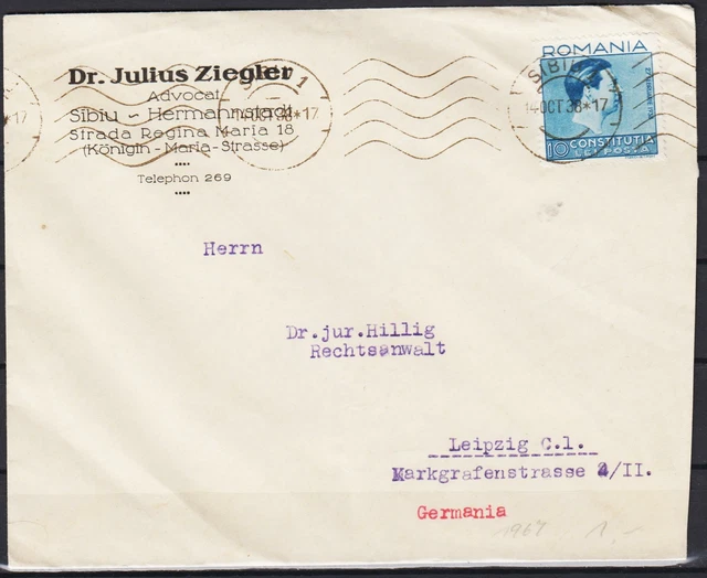Romania 1938 King Carol II Royalty cover Sibiu Hermannstadt to Germany
