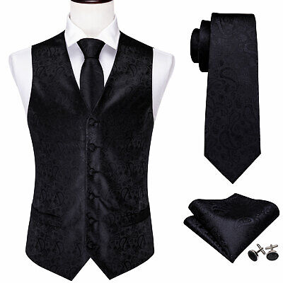 Mens Waistcoat Black Paisley Formal Workwear Vintage Vest Tie Set Regular Fit