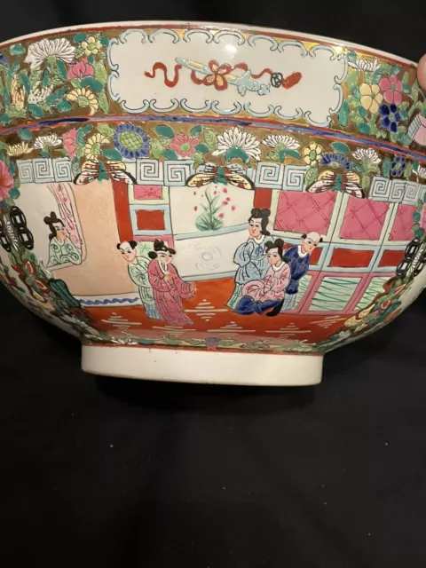 Chinese Export Famille Rose Medallion Large Punch Bowl,  14" X 6 1/2"  Wood Base 3