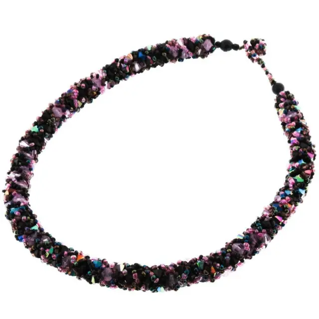 Mixed Beads Tube Hand Beaded Black Purple Peacock Glass Beads Necklace, 18"