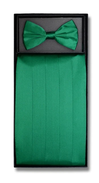 Mens Cumberbund BowTie Solid EMERALD GREEN Color Cummerbund Bow Tie Hanky Set
