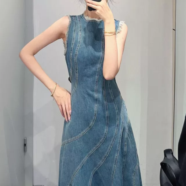 2024 Fashion Lady Denim Sleeveless A-Line Dress Long Summer Casual Jean Dress