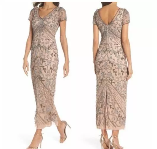 Pisarro Nights Beaded Mesh Column Gown Beaded Silver Sequin Beige Dress SZ 2 NWT