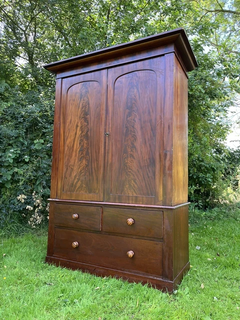 Antique 19th Century Mahogany Linen Press Double Wardrobe Armoire Cabinet #M