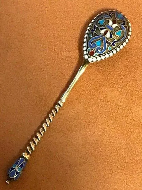 1889 Marigold Cloisonne Enamel Silver 84 Spoon Russian Imperial Klingert Antique