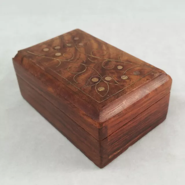 Small Wood Trinket Box With Inlaid Brass Floral Inlay Made In India Brown