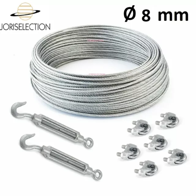 Câble acier galvanisé  Ø  8 mm + 6 serre-câble et 2 tendeurs  LONGUEUR  AU CHOIX