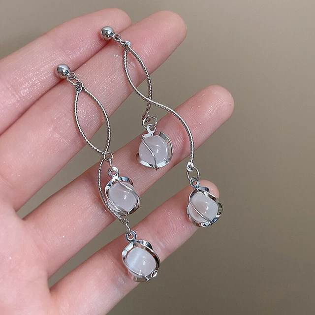 Fashion Long Copper Drop Earring Round Cut Synthetic Gems Bridal Wedding Jewelry