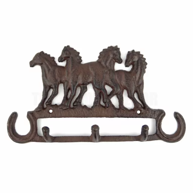 Running Horses Coat Hanger Wall Hooks Key Rack Leash Holder Rustic Cast Iron