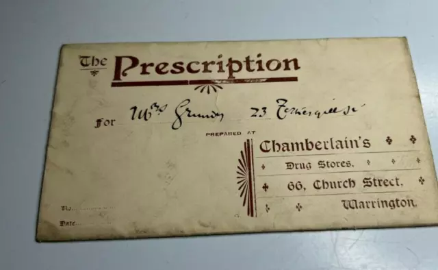 Antique Prescription Envelope Chamberlains Chemist Warrington To Mrs Grundy v2