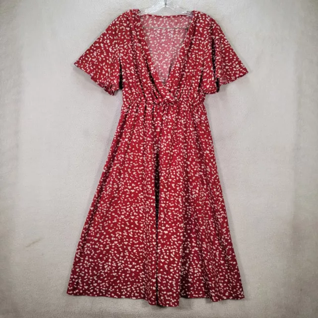 Unbranded Womens Dress Size L Red Floral Low V Neck Pleated Flowy Midi A Line