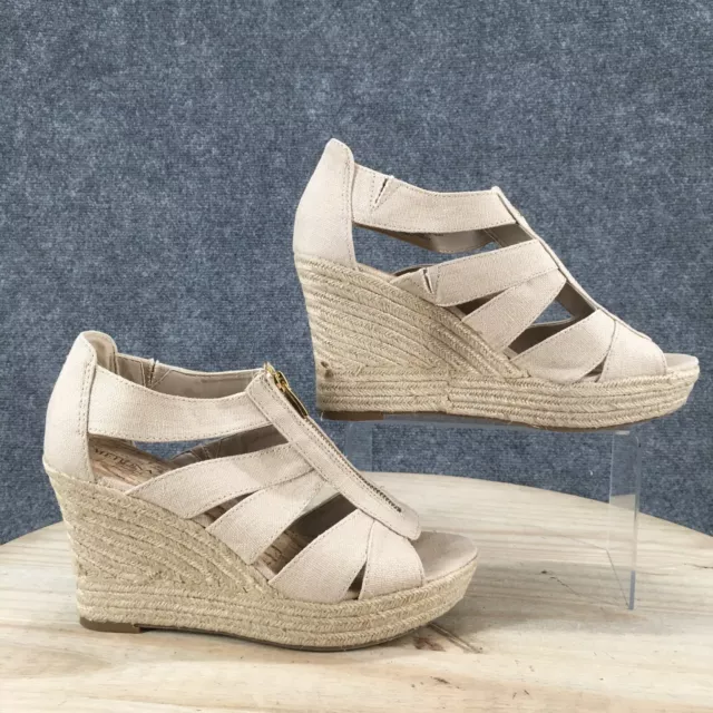 Merona Sandals Womens 10 Casual Front Zip Wedge Espadrille Beige Fabric Peep Toe