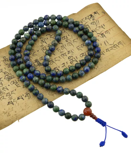 Collier Bouddhiste - Mala tibétain -  Pierre Azurite Chrysocolle  Ø 8 mm #25622