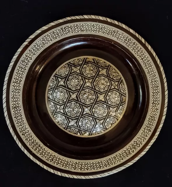 Vintage Wood Bowl Inlaid Mother of Pearl/Abalone Shell Micro Mosaic Convex  10"