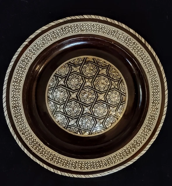 Vintage Wood Bowl Inlaid Mother of Pearl/Abalone Shell Micro Mosaic Convex  10"
