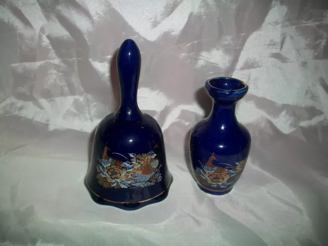 2 Pc Matching Cobalt Blue Porcelain Bell Vase  Peacock Design Gold Oriental