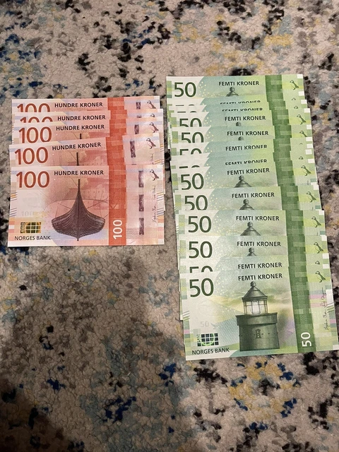 Norway 50 And 100 Kronur Unc Bundle 1250 Kronur 2016 And 2017 Series