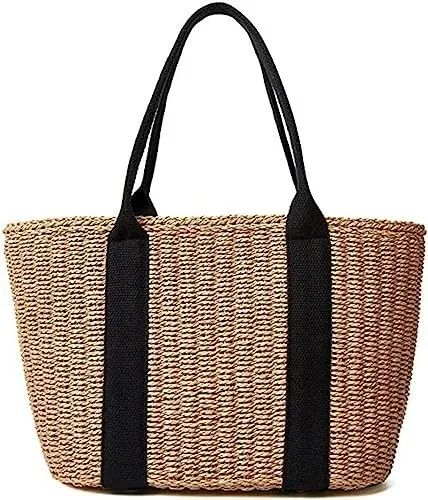 Classic Signature Straw Tote Bag for Women Summer Straw Beach Bag Woven