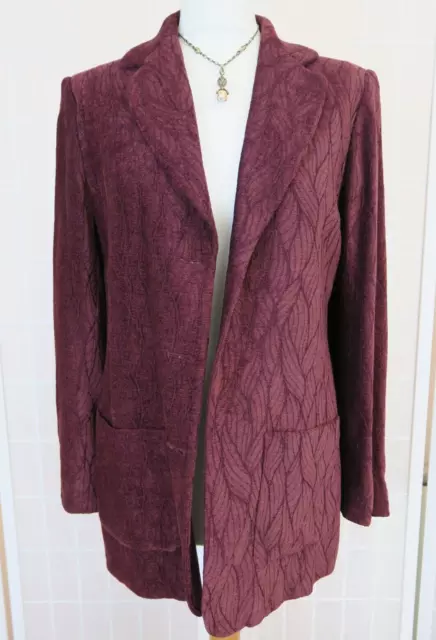 Jaeger Jacket Size 12 Burgundy Chenille Leaf Pattern Vintage 70s Buttons Missing