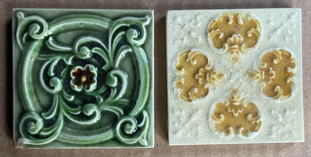 England Antique Art Nouveau Majolica 2-Set Tile C1900