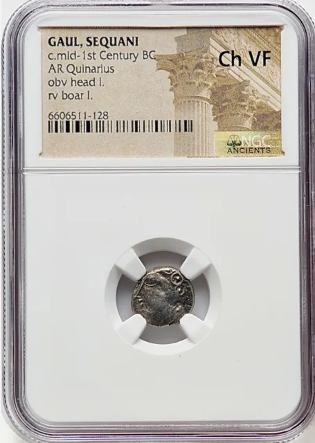 CELTIC GAUL SEQUANI Mid-1st Century BC AR Quinarius Head/Boar NGC Choice VF