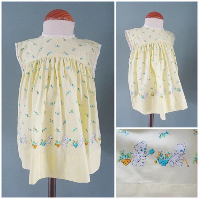 Abito Vintage Bambini Anni '60 Stampato Giallo Dilly Wear Ragazze Orsacchiotto anni '60