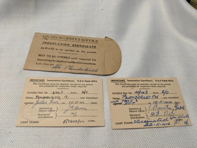 WORLD WAR II Yellow fever TABC inoculation certificate in envelope 1944 ...