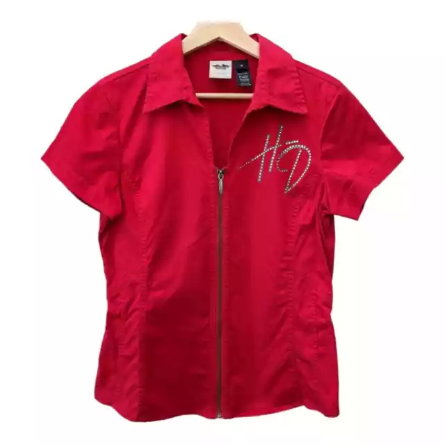 Harley Davidson women's short sleeve zipper red shirt rhinestone y2k