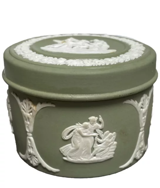 Caja Redonda Wedgewood De Biscuit Jasperware Verde Decoración Blanco A L Antiguo 2