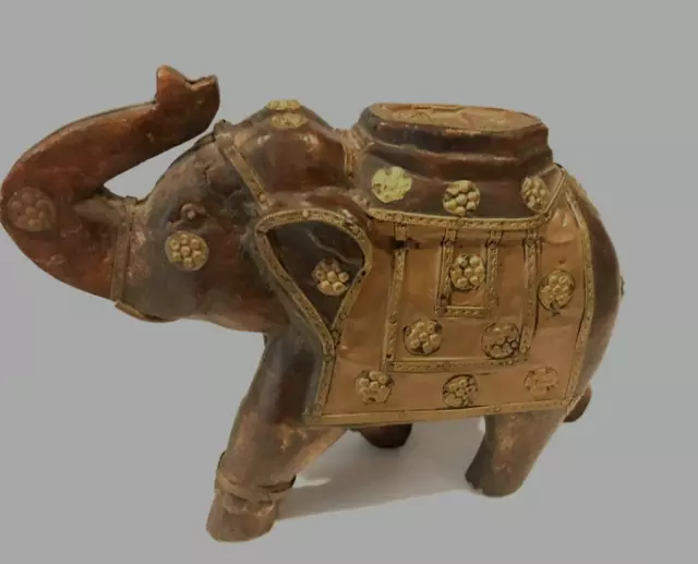 Vintage Wooden Elephant Hand Carved With Copper & Brass Covering India BOHO EC