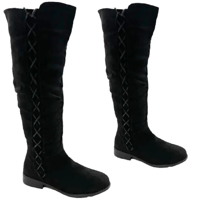 WOMENS THIGH HIGH Boots Ladies Lace Up Over The Knee Low Heel Flats ...