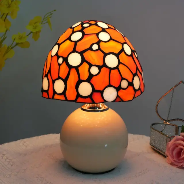 Stained Glass Orange Mushroom Lamp Bedroom Bedside Office Nightstand Accent Led