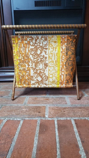 VTG Folding Sewing Knitting Basket Tote Boho Ikat Fabric Turned  Wood Handles