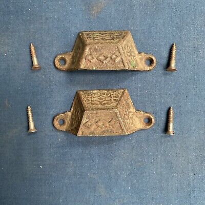 2 Antique Victorian Eastlake Cast Iron Bin Drawer Pulls & Screws