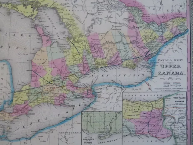 Ontario Canada Toronto inset plan Great Lakes c. 1850 Cowperthwait Mitchell map