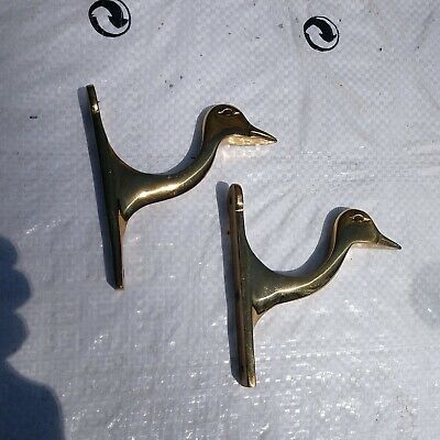 Vtg Solid Brass Duck Head, hat/coat hanger hooks, 2pc. Curtain Rod Hanger, VGC