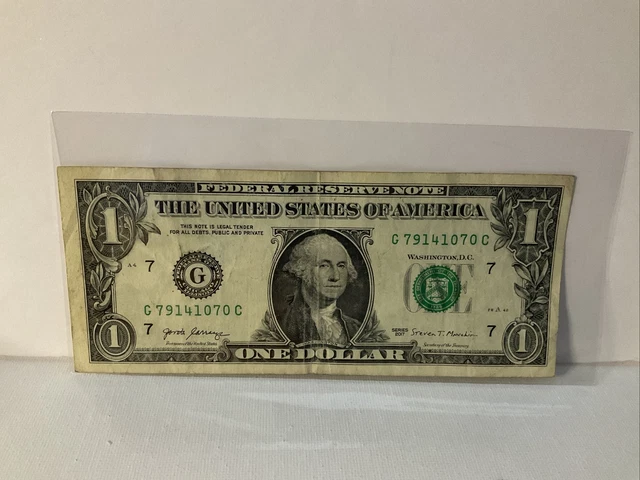 $ One Dollar Bill 2017 Series G District C Run FW Print Off Center Cutting Error