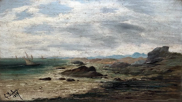 Tableau Ancien Signé, Côte Rocheuse, Marine, Huile Sur Panneau Fin XIXe