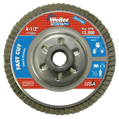 Vortec Pro Abrasive Flap Discs,4.5", 80 Grit, 5/8 Arbor, 13,000 Rpm, Alum Back