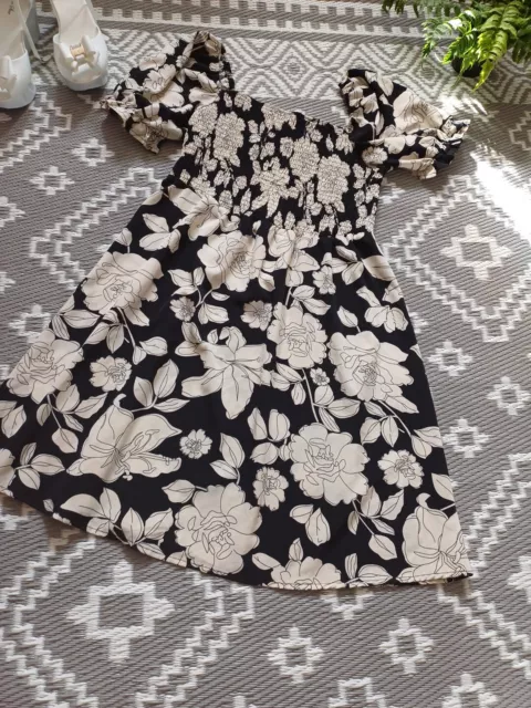 Gorgeous Floral Black Cream Summer Shirred  Dress 👗 0XL Curve 14  16 18