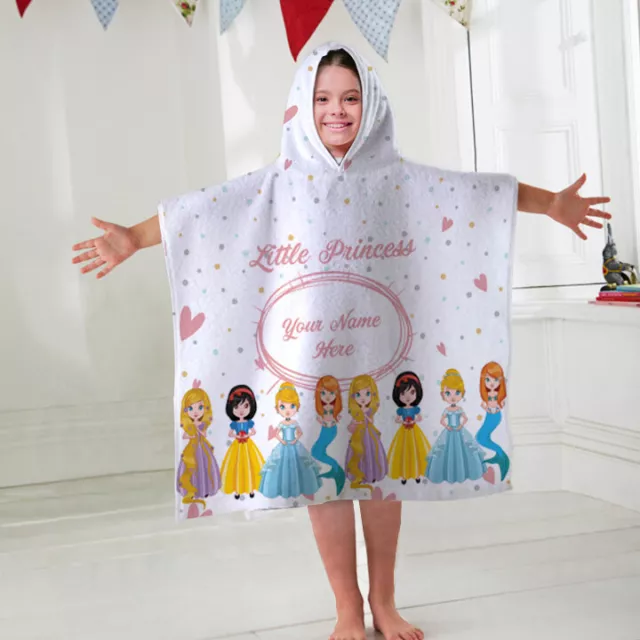 Kids Personalised Hooded Towel Poncho Princess Childrens Bathrobe Swim Bath Sun