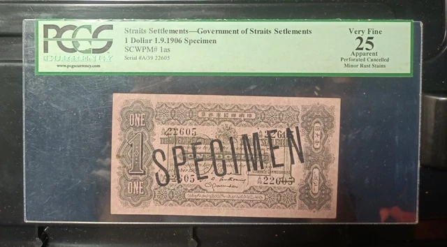 Straits Settlements Specimen Banknote $1 Dollar 1906 Pmg 25 Rare Straits Settlements Specimen Banknote $1 Dollar 1906 Pmg 25 Rare