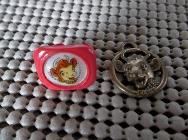 Vtg Borden's ELSIE the Cow Plastic Ring 50's& Charm/Tag Key Chain Dairy Promos