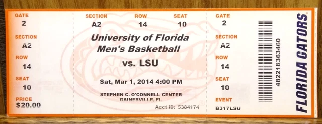 Florida Gators Men's Basketball vs. LSU Tigers 3-1-2014 Used Ticket Stub
