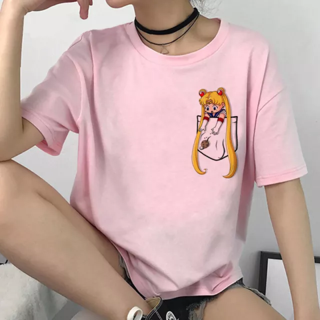 Anime Sailor Moon Women T-Shirt Print Short Sleeve Pink Cute Girl Round Neck Top 2