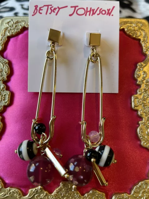 Betsey Johnson Unbreak My Heart LARGE Gold Safety Pin Pink Lucite Ball Earrings