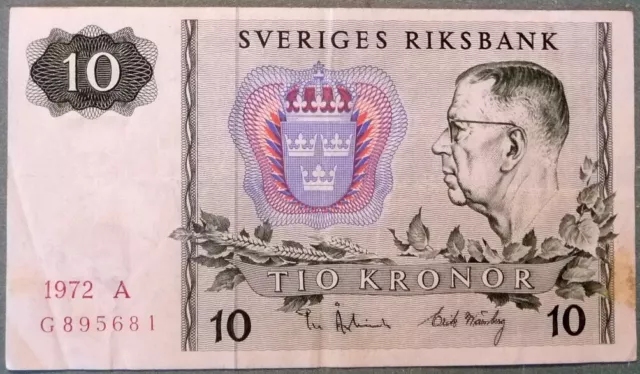 SWEDEN 10 KRONOR NOTE FROM 1972, P 52 c