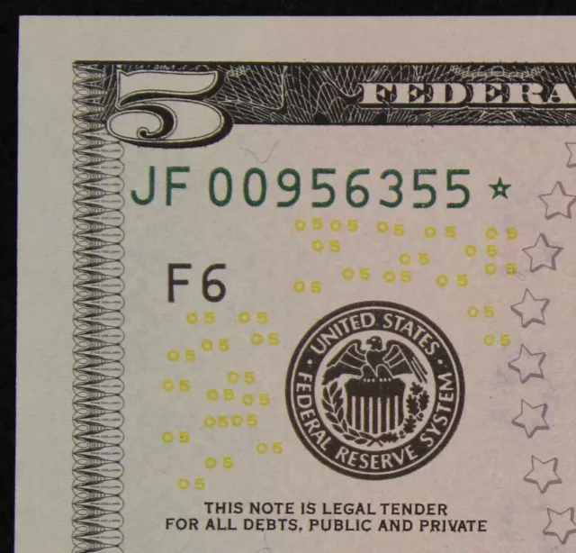 $5 2009 GEM CU Star Federal Reserve Note JF00956355* five dollar, F6 Atlanta