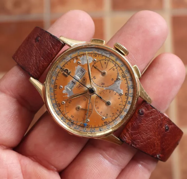 CRONOGRAFO VINTAGE HEUER Anni 40 Tripla Data Valjoux 72C Oro