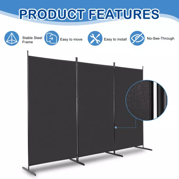 3 Folding Room Divider Privacy Screen Freestanding Panel Wall Partition Black UK 3